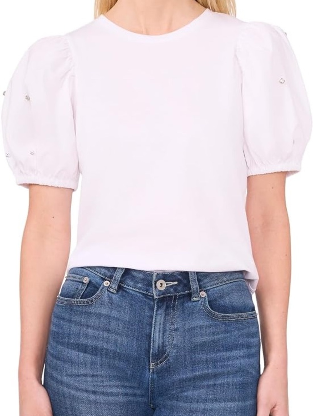 CeCe Rhinestone Embellished Puff Sleeve Knit Top White - XL